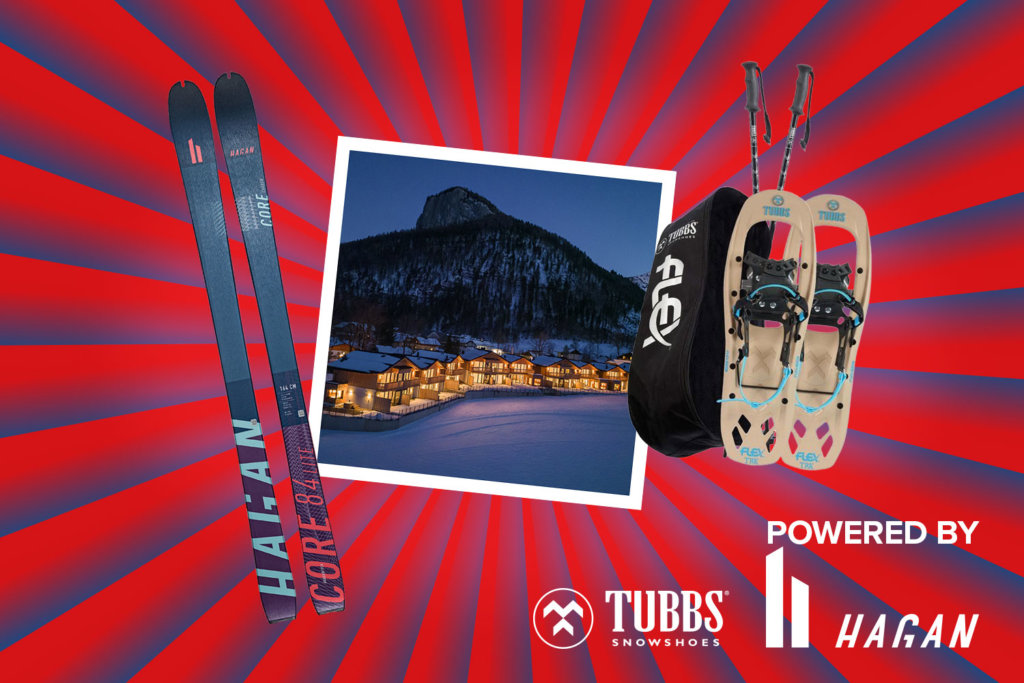 Banner mit rot-blauen Streifen, die sich von der Bildmitte nach außen ziehen. Mitten drin ein Foto, das eine verschneite Nachtaufnahme vom 4-Sterne Hotel DAS Hintersee zeigt. Ebenfalls im Banner sind die Produktbilder eines Hagan Toursenskis und eines Schneeschuh-Sets von Tubbs sowie ein "Powered by" Schriftzug gefolgt von den Logos der Marken Hagan und Tubbs.