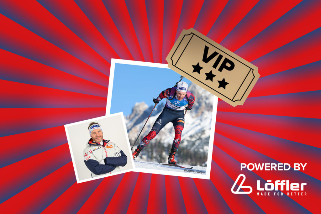 Banner mit rot-blauen Streifen, die sich von der Bildmitte nach außen ziehen. Mitten drin ein Foto vom Biathlon Athleten Simon Eder in Action. Ebenfalls im Banner sind die graphische Darstelleung eines goldenen VIP-Abrisstickets und ein "Powered by" Schriftzug gefolgt von dem Löffler Logo.