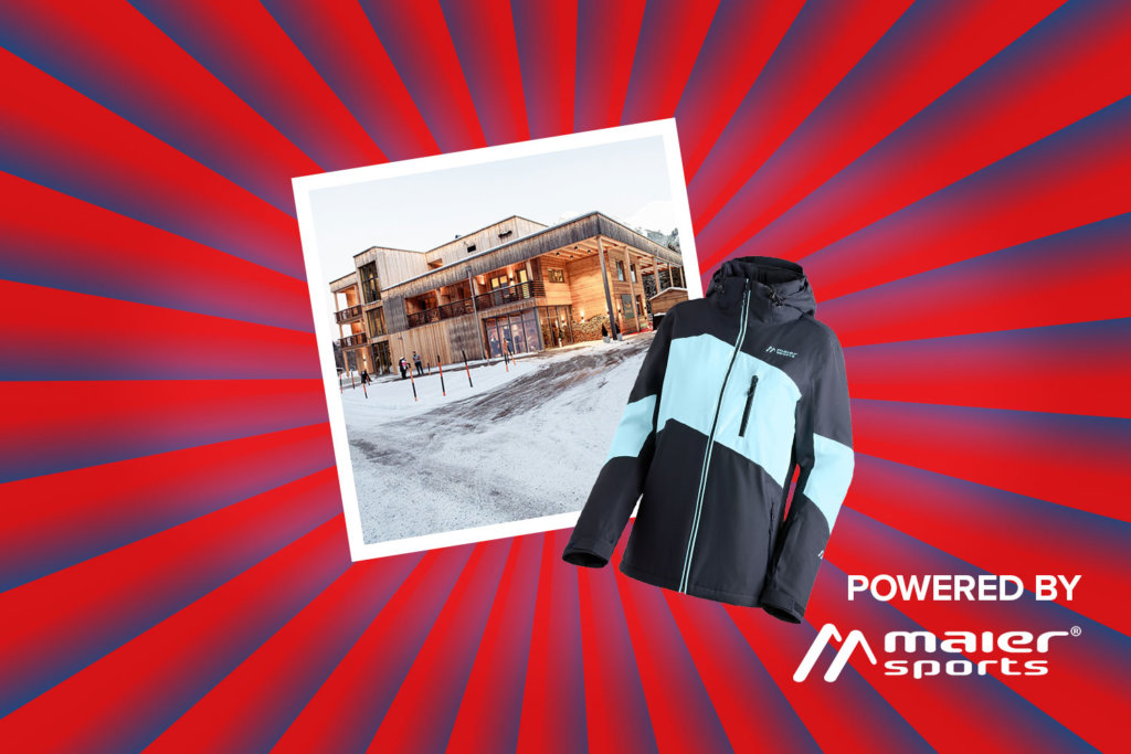 Banner mit rot-blauen Streifen, die sich von der Bildmitte nach außen ziehen. Mitten drin ein Foto, das eine verschneite Aufnahme vom 4-Sterne Hotel LechZeit zeigt. Ebenfalls im Banner sind Symbolfoto einer Maier Sports Skijacke sowie ein "Powered by" Schriftzug gefolgt vom Logo der Marke Maier Sports.