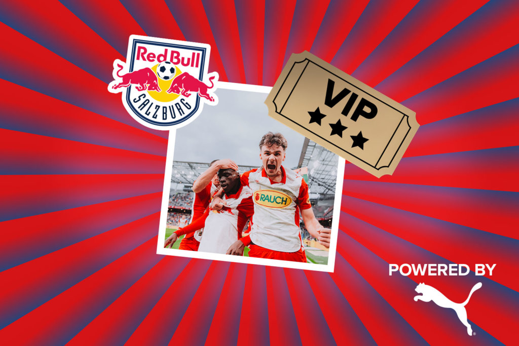 Banner mit rot-blauen Streifen, die sich von der Bildmitte nach außen ziehen. Mitten drin ein Foto von drei Red Bull Salzburg Spielern in ihren rot-weißen Trikots beim Torjubel. Ebenfalls im Banner sind die graphische Darstelleung eines goldenen VIP-Abrisstickets und ein "Powered by" Schriftzug gefolgt mit dem Puma Cat Only Logo.