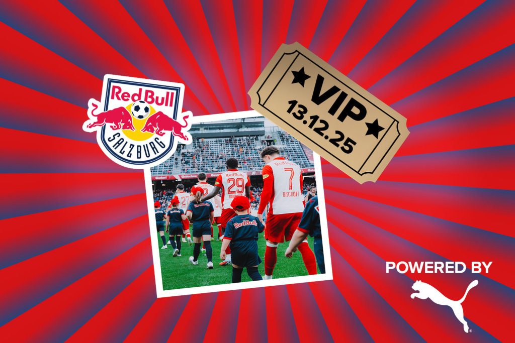 Banner mit rot-blauen Streifen, die sich von der Bildmitte nach außen ziehen. Mitten drin ein Foto vom Stadioneinzug des FC Red Bull Salzburg von hinten in ihrem rot-weißen Trikots, begleitet von den Kindern in dunkelblauen Trikots mit roten Kappen. Ebenfalls im Banner sind die graphische Darstelleung eines goldenen VIP-Abrisstickets und ein "Powered by" Schriftzug gefolgt mit dem Puma Cat Only Logo.