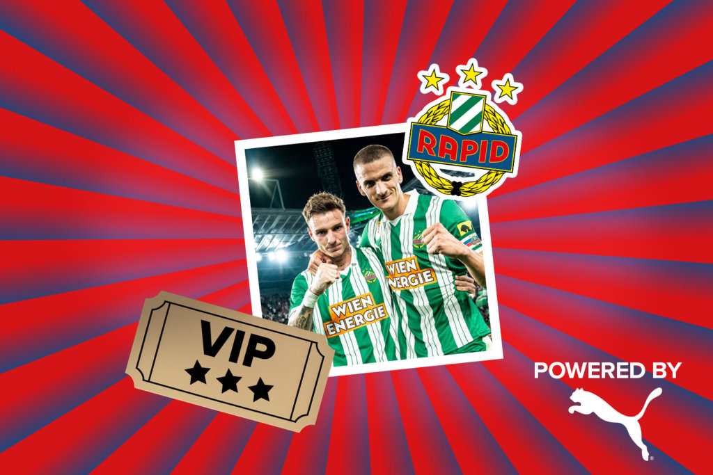 Banner mit rot-blauen Streifen, die sich von der Bildmitte nach außen ziehen. Mitten drin ein Foto von zwei Rapid Spielern in ihren grün-weiß gestreiften Trikots. Ebenfalls im Banner sind die graphische Darstelleung eines goldenen VIP-Abrisstickets und ein "Powered by" Schriftzug gefolgt mit dem Puma Cat Only Logo.