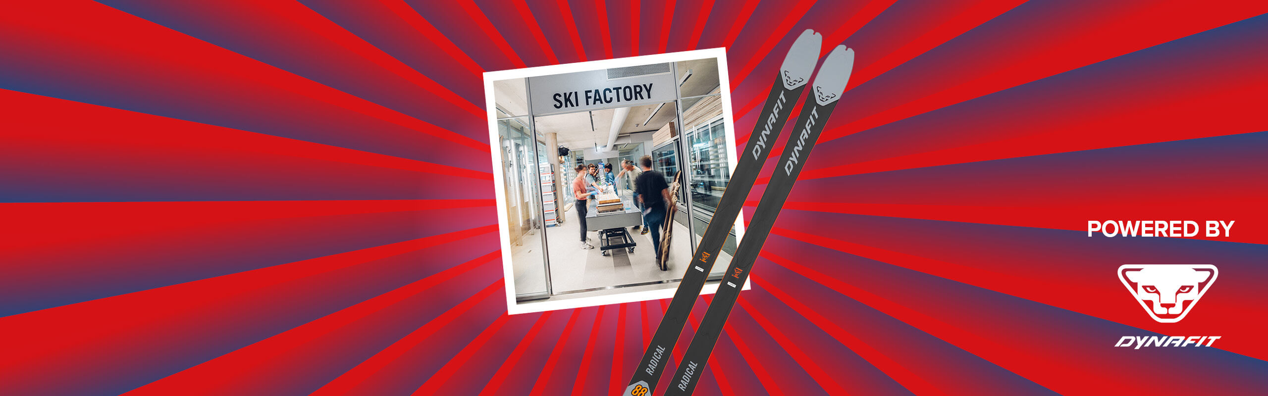 Banner mit rot-blauen Streifen, die sich von der Bildmitte nach außen ziehen. Mitten drin ein Foto von einer Gruppe junger Leute, die in der Ski Factory ihre eigenen Skitourenski bauen und ein Symbolfoto eines Skitourenskis und ein "Powered by" Schriftzug gefolgt von dem Dynafit Logo in der rechten unteren Ecke.