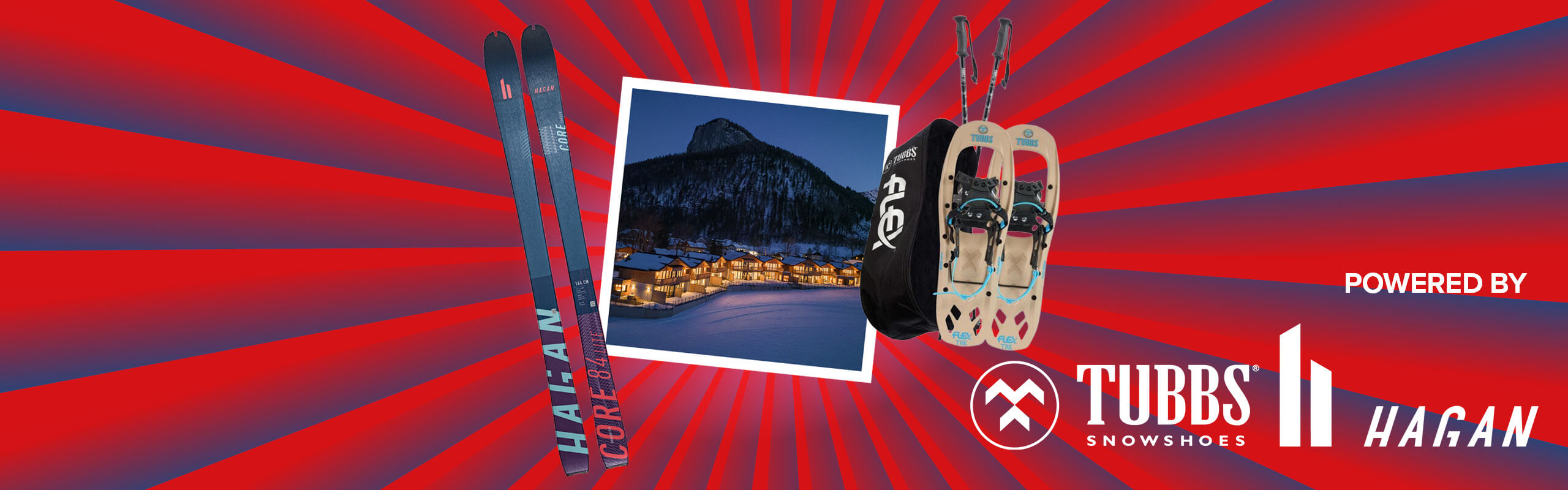 Banner mit rot-blauen Streifen, die sich von der Bildmitte nach außen ziehen. Mitten drin ein Foto, das eine verschneite Nachtaufnahme vom 4-Sterne Hotel DAS Hintersee zeigt. Ebenfalls im Banner sind die Produktbilder eines Hagan Toursenskis und eines Schneeschuh-Sets von Tubbs sowie ein "Powered by" Schriftzug gefolgt von den Logos der Marken Hagan und Tubbs.