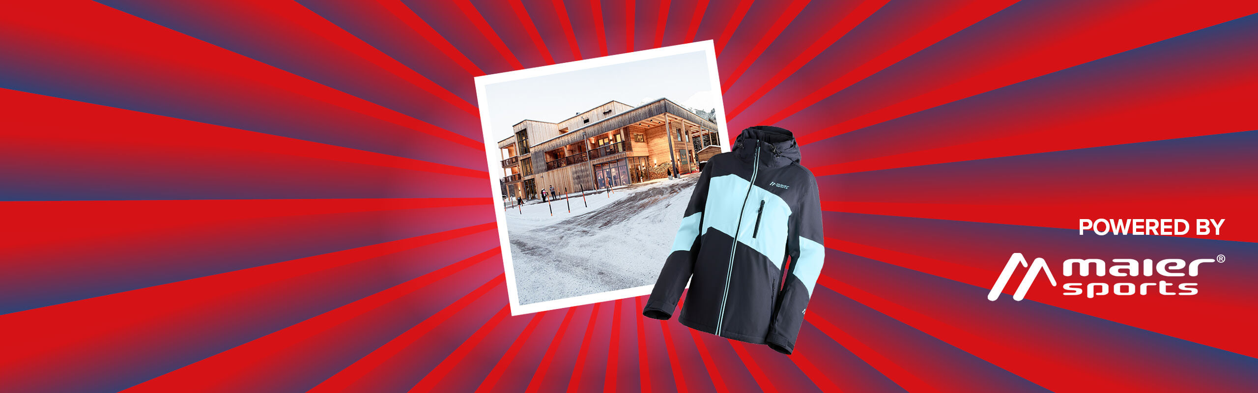 Banner mit rot-blauen Streifen, die sich von der Bildmitte nach außen ziehen. Mitten drin ein Foto, das eine verschneite Aufnahme vom 4-Sterne Hotel LechZeit zeigt. Ebenfalls im Banner sind Symbolfoto einer Maier Sports Skijacke sowie ein "Powered by" Schriftzug gefolgt vom Logo der Marke Maier Sports.