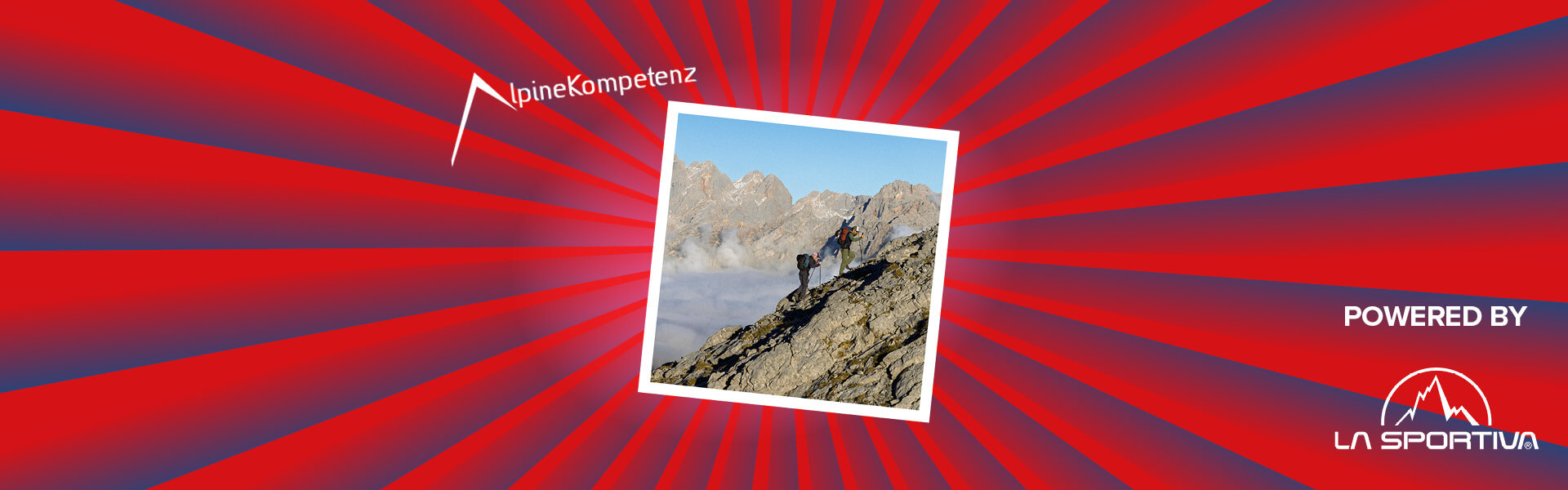 Banner mit rot-blauen Streifen, die sich von der Bildmitte nach außen ziehen. Mitten drin ein Foto, das zwei Personen auf einer Bergtour zeigt. Ebenfalls im Banner sind Logo von "Alpine Kompetenz" sowie ein "Powered by" Schriftzug gefolgt vom Logo der Marke La Sportiva.