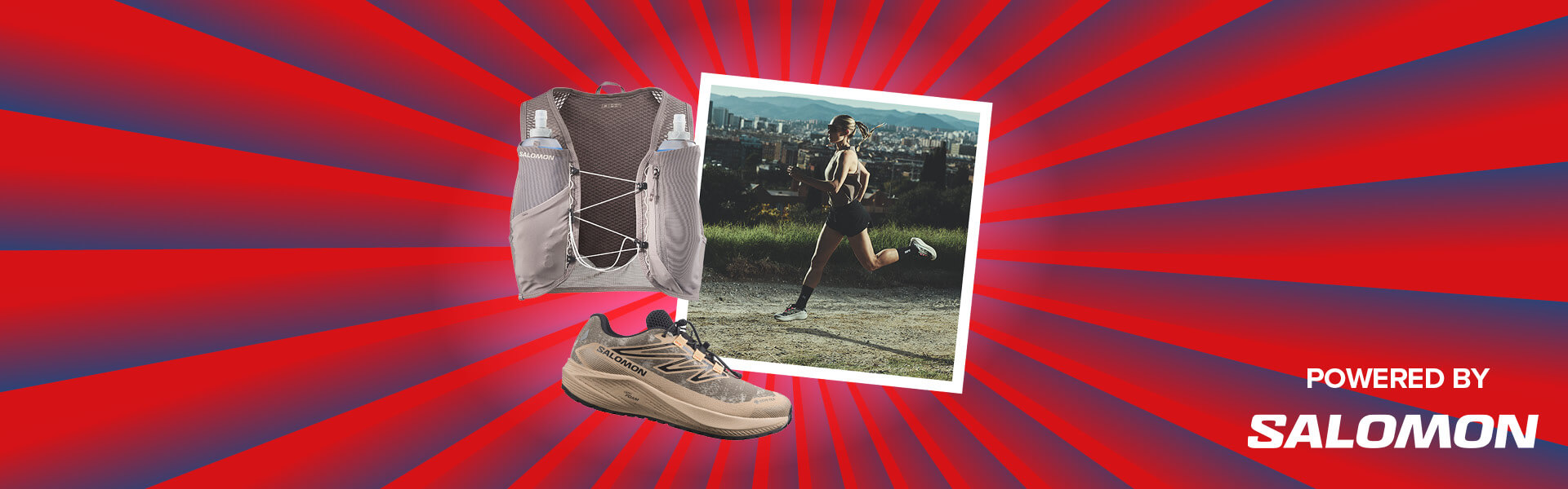 Banner mit rot-blauen Streifen, die sich von der Bildmitte nach außen ziehen. Mitten drin ein Foto, das eine Frau beim Gravelrunning zeigt. Ebenfalls im Banner zu sehen sind Produktbilder (Gravel Laufweste, Gravel Schuhe), und ein "Powered by" Schriftzug gefolgt von dem Salomon Logo.