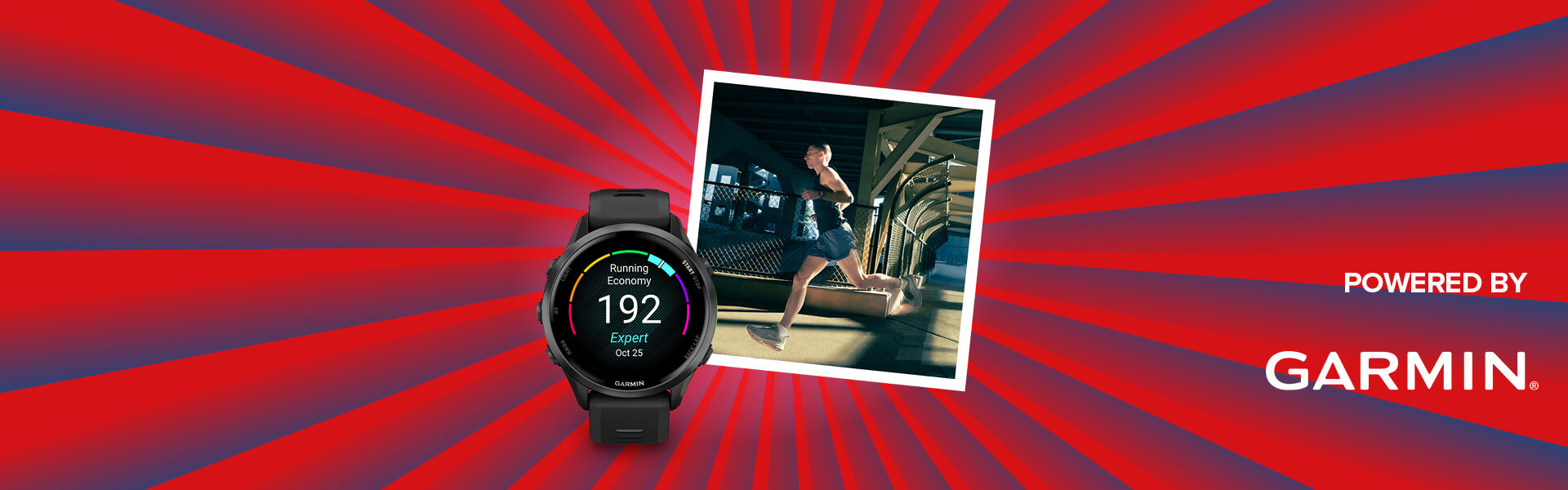 Banner mit rot-blauen Streifen, die sich von der Bildmitte nach außen ziehen. Mitten drin ein Foto, das einen Mann beim Laufen zeigt. Ebenfalls im Banner zu sehen ist ein Produktbild der Gamrin Forerunner 970 und ein "Powered by" Schriftzug gefolgt von dem Garmin Logo.