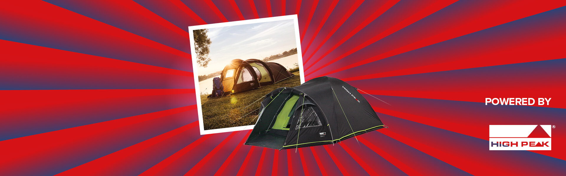 Banner mit rot-blauen Streifen, die sich von der Bildmitte nach außen ziehen. Mitten drin ein Foto, das ein Zelt an einem See zeigt. Ebenfalls im Banner zu sehen sind ein Produktbild von dem Talos 4 Zelt und ein "Powered by" Schriftzug gefolgt von dem High Peak Logo.