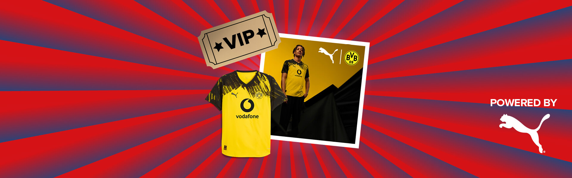 Banner mit rot-blauen Streifen, die sich von der Bildmitte nach außen ziehen. Mitten drin ein Foto von dem BVB-Spieler Mane im Heimtrikot auf gelb-schwarzem Hintergrund. Ebenfalls im Banner sind die Abbildung eines BVB-Heimrikots und ein "Powered by" Schriftzug gefolgt mit dem Puma Cat Only Logo.