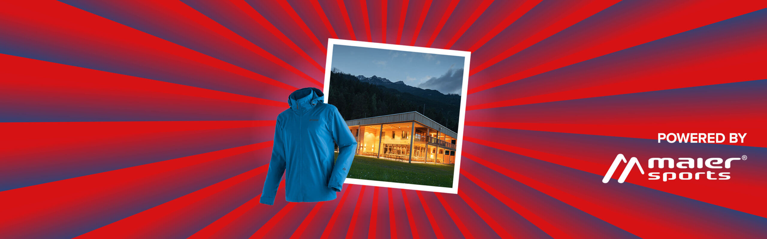 Banner mit rot-blauen Streifen, die sich von der Bildmitte nach außen ziehen. Mitten drin ein Foto, das eine verschneite Aufnahme vom 4-Sterne Hotel LechZeit zeigt. Ebenfalls im Banner sind Symbolfoto einer Maier Sports Wanderjacke sowie ein "Powered by" Schriftzug gefolgt vom Logo der Marke Maier Sports.