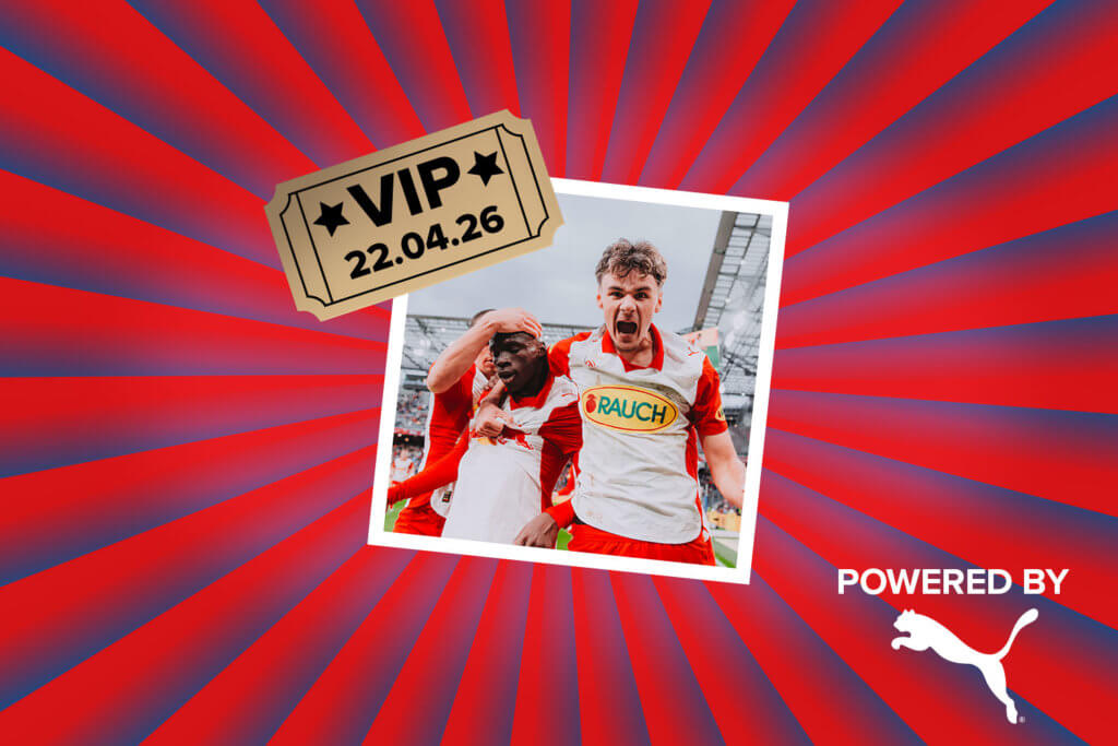 Banner mit rot-blauen Streifen, die sich von der Bildmitte nach außen ziehen. Mitten drin ein Foto von drei Red Bull Salzburg Spielern in ihren rot-weißen Trikots beim Torjubel. Ebenfalls im Banner sind die graphische Darstelleung eines goldenen VIP-Abrisstickets und ein "Powered by" Schriftzug gefolgt mit dem Puma Cat Only Logo.