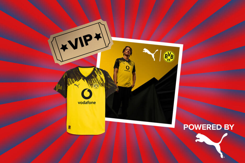 Banner mit rot-blauen Streifen, die sich von der Bildmitte nach außen ziehen. Mitten drin ein Foto von dem BVB-Spieler Mane im Heimtrikot auf gelb-schwarzem Hintergrund. Ebenfalls im Banner sind die Abbildung eines BVB-Heimrikots und ein "Powered by" Schriftzug gefolgt mit dem Puma Cat Only Logo.