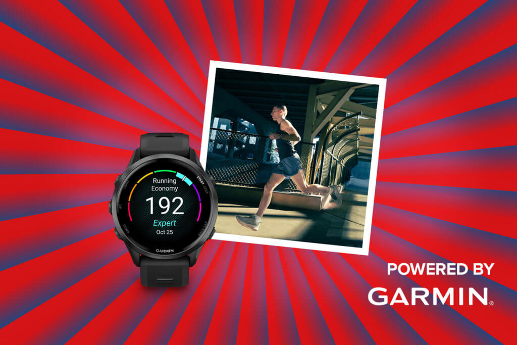 Banner mit rot-blauen Streifen, die sich von der Bildmitte nach außen ziehen. Mitten drin ein Foto, das einen Mann beim Laufen zeigt. Ebenfalls im Banner zu sehen ist ein Produktbild der Gamrin Forerunner 970 und ein "Powered by" Schriftzug gefolgt von dem Garmin Logo.