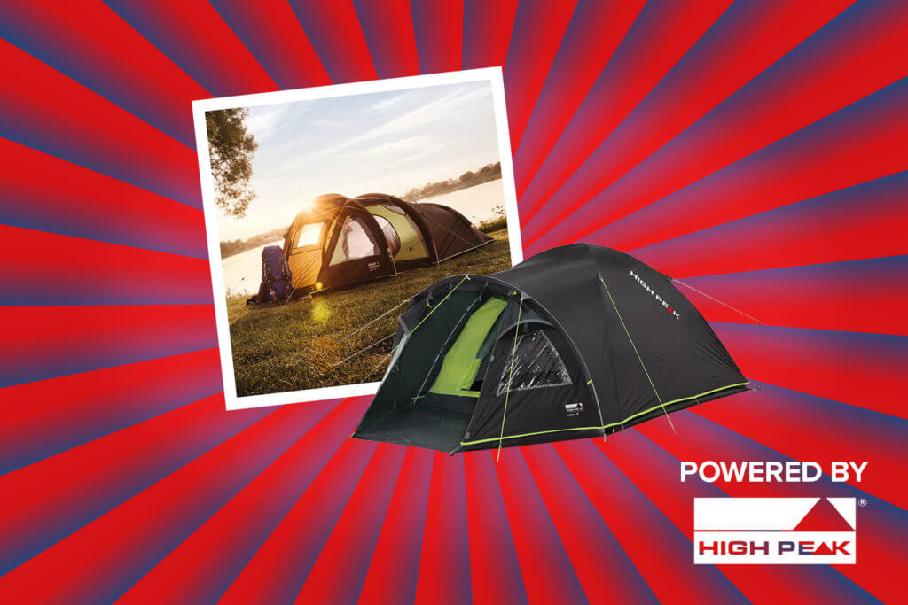 Banner mit rot-blauen Streifen, die sich von der Bildmitte nach außen ziehen. Mitten drin ein Foto, das ein Zelt an einem See zeigt. Ebenfalls im Banner zu sehen sind ein Produktbild von dem Talos 4 Zelt und ein "Powered by" Schriftzug gefolgt von dem High Peak Logo.